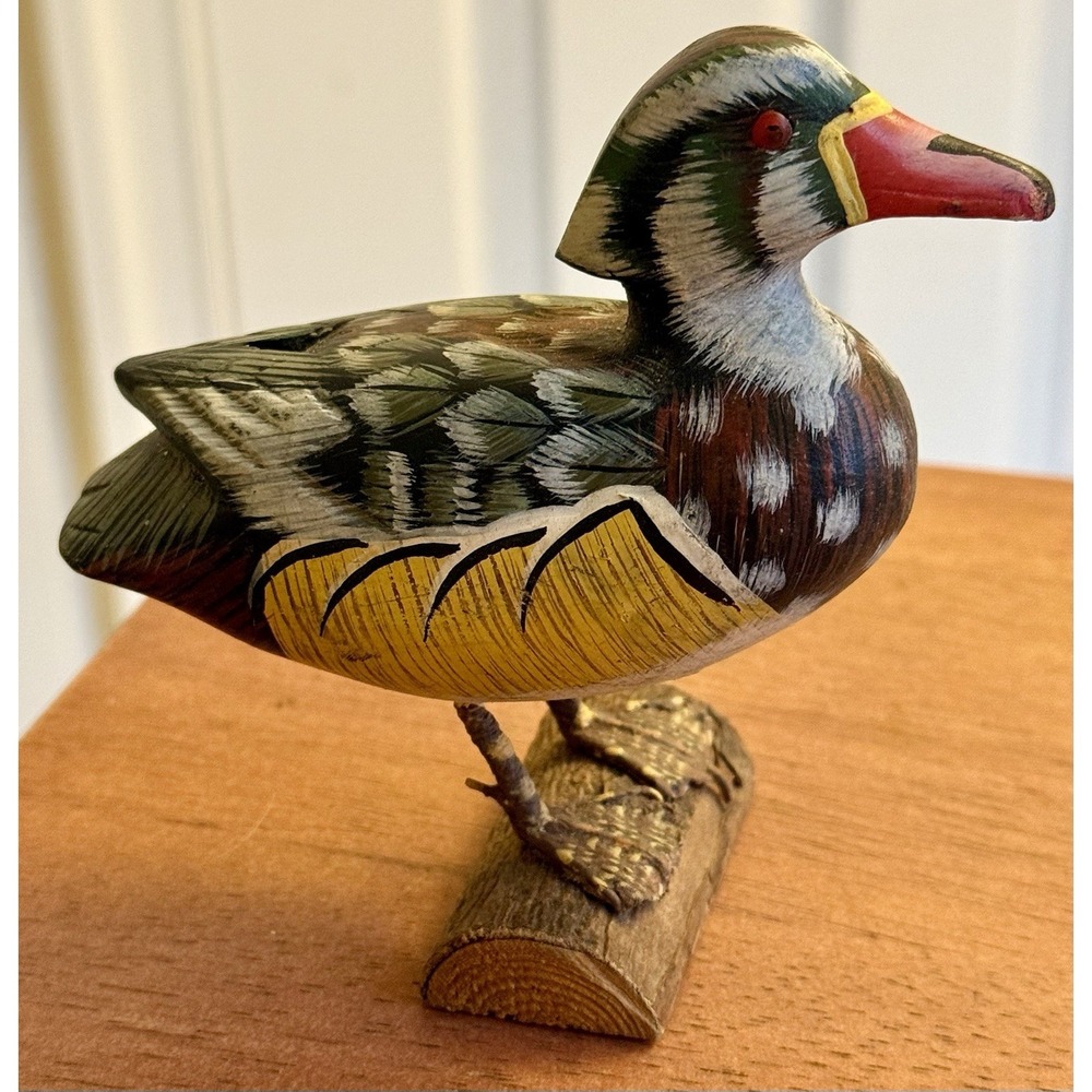 VINTAGE HAND Carved & PAINTED Wooden WOOD DUCK ON LOG 4"